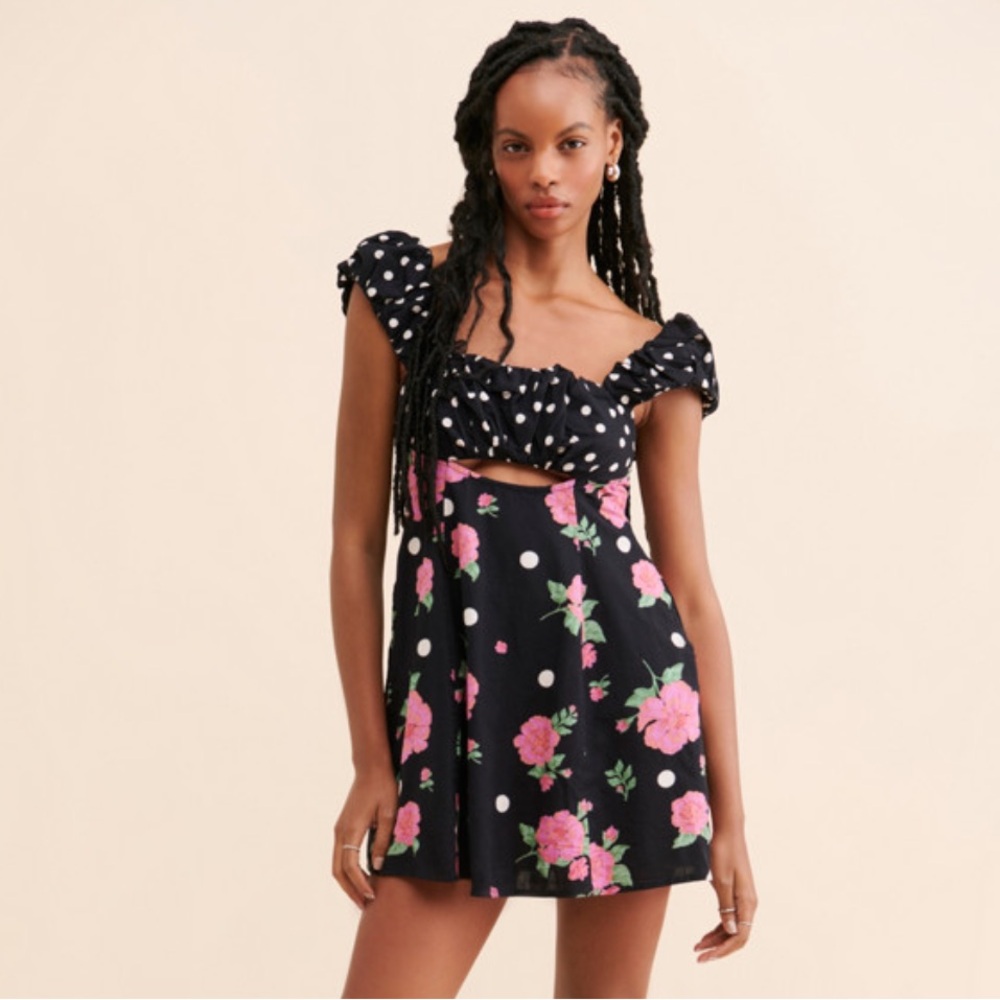 Free People Printed Bom Bom Mini Dress Size Small Black Polka Dots Floral